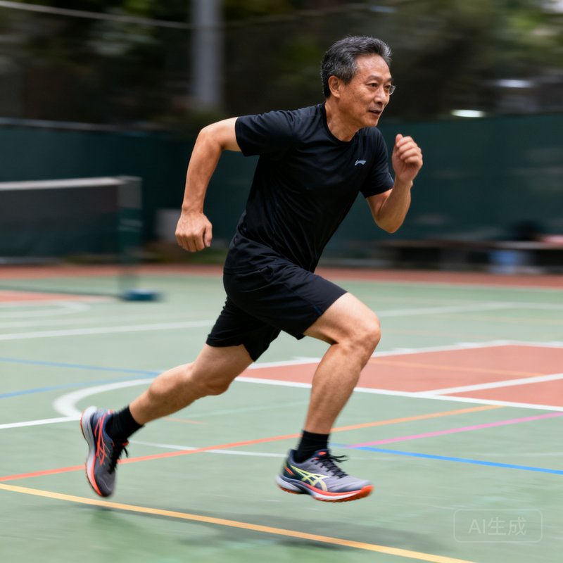 测评主编老周在球场上穿着测试鞋进行实战折返跑测试，表情专注