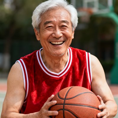 退休职工王建国的半身照，花白头发，穿着红色篮球服，抱着篮球笑容灿烂